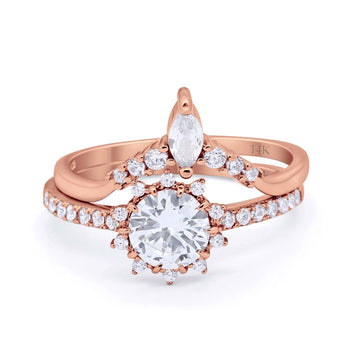 14K Rose Gold Two Piece Art Deco Bridal Set Ring Band Round Engagement Piece Simulated CZ Size-7